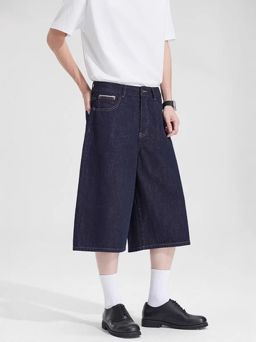 Men's American Cleanfit Wide Leg Denim Shorts Retro Dark Original Seven-Point Straight Jeans Loose Fit Casual Bottoms