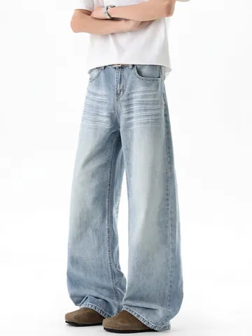 Heren Amerikaanse Retro Gewassen Lichtblauw Wijde Pijp Jeans Kattenbeslag Recht Losse Pasvorm High Street Denim Broek