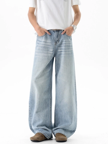 Heren Amerikaanse Retro Gewassen Lichtblauw Wijde Pijp Jeans Kattenbeslag Recht Losse Pasvorm High Street Denim Broek