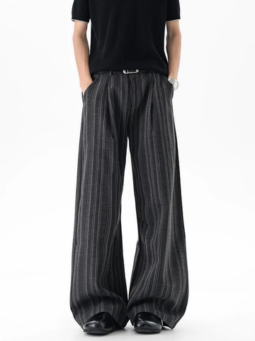 Heren Vintage Gestreepte Broek Met Wijde Pijpen Casual Krijtstreep Geplooide Broek Met Riem Losvallende Rechte Broek