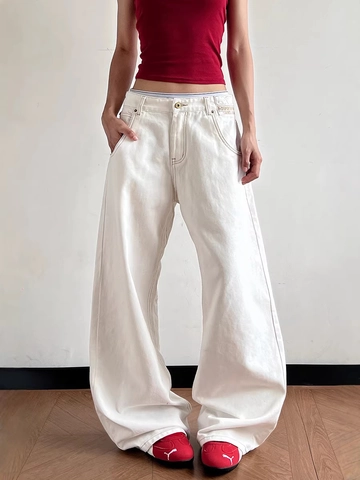 Herren American High Street Vintage Waschung Jeans Mit Weitem Bein Casual Gerade Denim Hose Mit Rückschnalle Detail