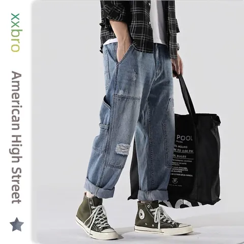 Herren Distressed Straight Jeans Patchwork Zerrissen Multi Tasche High Street Denim Hose Washed Vintage Casual Hose Für Jugend