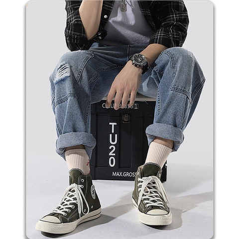 Herren Distressed Straight Jeans Patchwork Zerrissen Multi Tasche High Street Denim Hose Washed Vintage Casual Hose Für Jugend