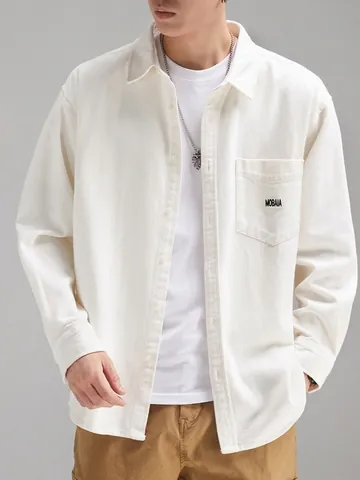 Heren Japanse Retro Katoenen Geborduurd Casual Overhemd Lange Mouw Ruime Pasvorm Revers Button Down Overhemd Top