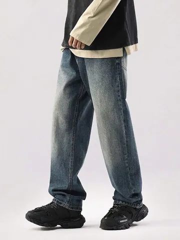 Jeans Uomo Retrò Americano Lavati Larghi Gamba Dritta Vintage High Street Baggy Denim Pantaloni Casual Gamba Larga