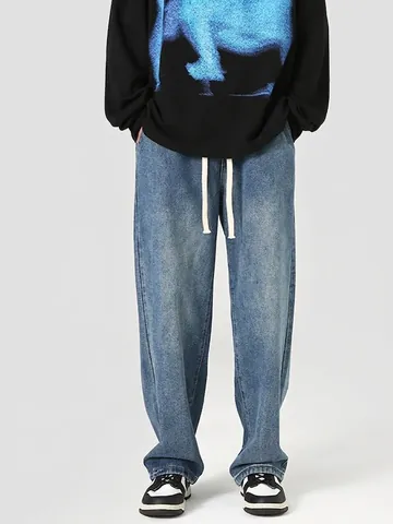 Ανδρικό Streetwear Πλυμένο Τζιν Βίντατζ Φθαρμένο Χαλαρό Ίσιο Παντελόνι Ντένιμ Με Κορδόνι Ελαστική Μέση Καθημερινό Παντελόνι