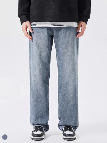 Vaqueros Azules Lavados Vintage para Hombre Pierna Recta High Street Corte Holgado Mezcla de Algodón Pantalones Largos Hombre