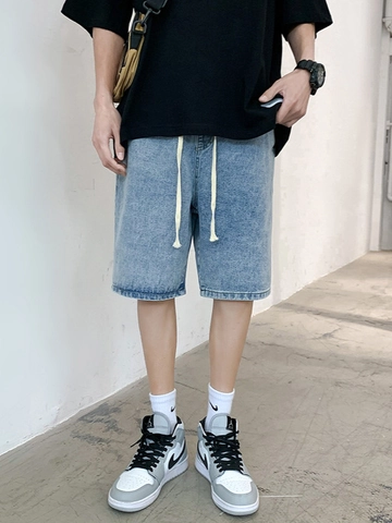 Pantaloncini di Jeans Lavati Azzurro Casual da Uomo Vita Elastica con Coulisse Taglio Dritto Lunghezza Ginocchio Estate