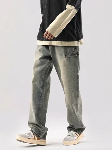 Vaqueros de Pernera Recta Lavados Retro para Hombre Corte Holgado Streetwear Pantalones Denim Con Bolsillos de Herramientas
