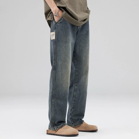 Jeans en Denim Délavé Vintage pour Hommes Pantalons Décontractés en Coton à Jambes Droites Larges Style Urbain Rétro Bleu