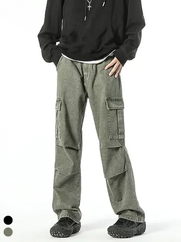 Pantalón Cargo Retro Americano para Hombre Color Sólido Multibolsillos Pierna Recta Holgada Vaqueros Casual Trabajo