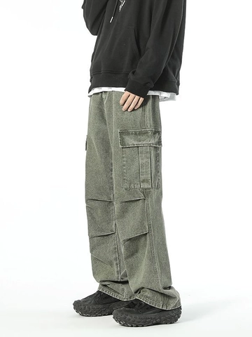 Pantalón Cargo Retro Americano para Hombre Color Sólido Multibolsillos Pierna Recta Holgada Vaqueros Casual Trabajo