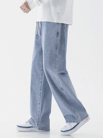 Men's Loose Straight Leg Denim Jeans Vintage Washed Casual Cotton Trousers With Elastic Drawstring Waist Streetwear Fashion Pants