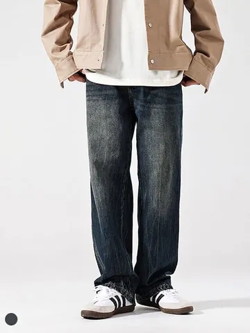 Jeans Classici da Uomo a Gamba Dritta Blu Profondo Lavati Retro Pantaloni in Denim di Cotone per Casual Urbano Quotidiano