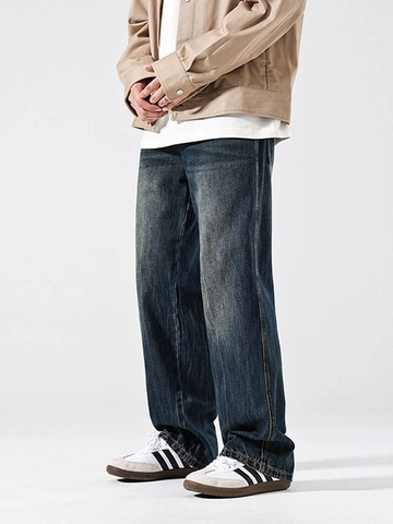 Jeans Classici da Uomo a Gamba Dritta Blu Profondo Lavati Retro Pantaloni in Denim di Cotone per Casual Urbano Quotidiano