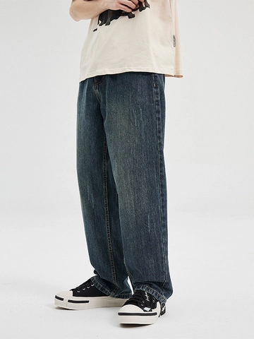 Amerikanische Vintage Herren Jeans Mit Weitem Bein Blau Retro High Street Lockerer Gerader Schnitt Denim Hose Mit Waschung