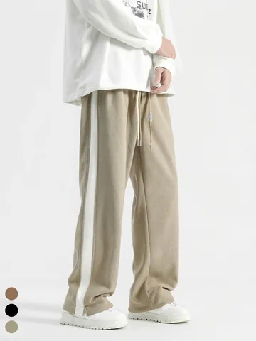 Pantaloni Casual da Uomo Retro con Strisce Laterali Gamba Larga Velluto a Coste Giunzione a Contrasto Coulisse Pantaloni Dritti da Uomo