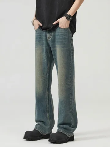 American Retro Washed Distressed Flared Denim Jeans For Men Vintage Loose Wide Leg Streetwear Casual Long Pants Retro Blue