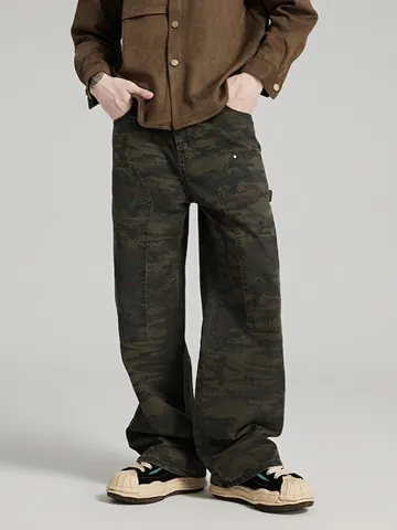 Herren Camouflage Cargohose Gerade Bein Doppelte Knie Baumwolle Streetwear Mehrfachtaschen High Street Casual Arbeitshose