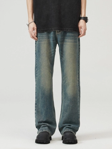American Retro Washed Distressed Flared Denim Jeans For Men Vintage Loose Wide Leg Streetwear Casual Long Pants Retro Blue