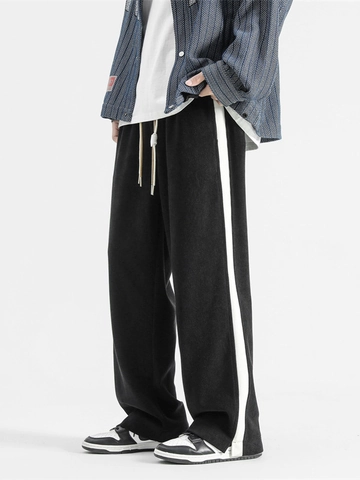 Pantaloni Casual da Uomo Retro con Strisce Laterali Gamba Larga Velluto a Coste Giunzione a Contrasto Coulisse Pantaloni Dritti da Uomo