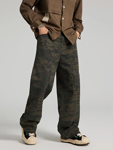 Herren Camouflage Cargohose Gerade Bein Doppelte Knie Baumwolle Streetwear Mehrfachtaschen High Street Casual Arbeitshose