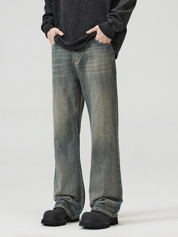 Jeans Évasés Rétro Américain pour Hommes Pantalon en Denim Mélange de Coton Délavé Streetwear Coupe Droite Ample Décontracté