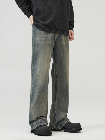 Jeans Évasés Rétro Américain pour Hommes Pantalon en Denim Mélange de Coton Délavé Streetwear Coupe Droite Ample Décontracté