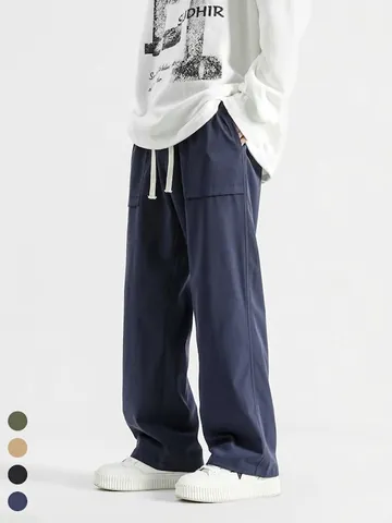 Pantaloni Cargo da Uomo Casual a Gamba Larga Stile Giapponese Retro Larghi Dritti Con Coulisse e Tasche Grandi Streetwear