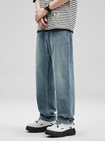 Herren Vintage Washed Blue Jeans Lockere Weite Gerade Denim Hosen Retro Streetwear Baggy Baumwolle Denim Hose Für Männer