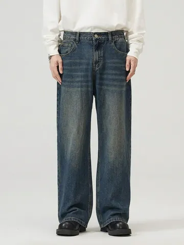 Amerikanischer Retro Streetstyle Herren Gewaschene Weite Jeans Distressed Gerade Denim Hose Vintage Blau Hellblau Schwarzgrau