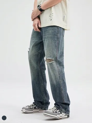 Pantaloni da Uomo American Retro Distressed Ripped Jeans Lavati Blu Chiaro Denim Micro-Flare Gamba Dritta Streetwear