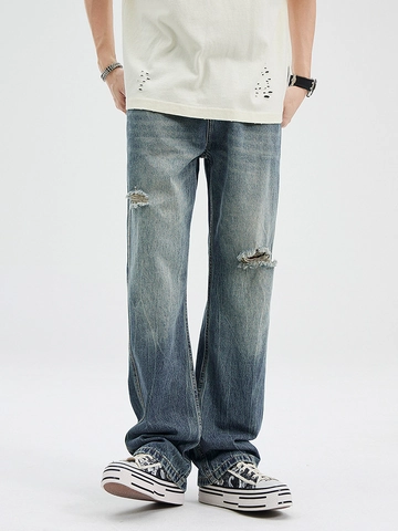 Pantaloni da Uomo American Retro Distressed Ripped Jeans Lavati Blu Chiaro Denim Micro-Flare Gamba Dritta Streetwear