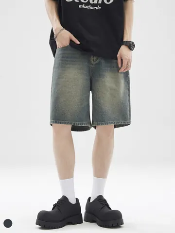 Pantalones Cortos de Mezclilla Lavada Retro para Hombre de Pierna Ancha Recta Holgada Vintage Distressed Streetwear Casual