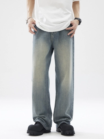 Herren American Retro Eisblau Wasched Denim Jeans Locker Gerade Weites Bein Streetwear Lässig Mode Lange Hose