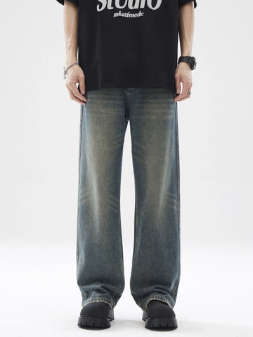 Heren Amerikaanse Retro Streetwear Loose Wide Leg Jeans Vintage Washed Distressed Whiskers High Street Katoenen Denim Broek