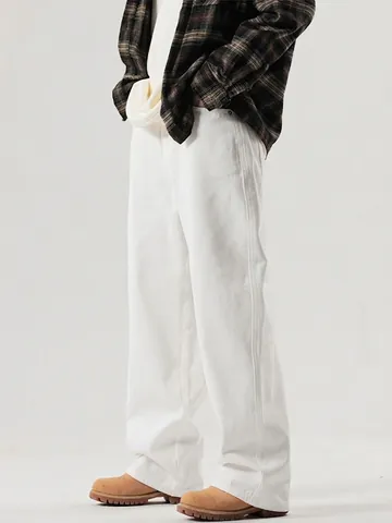 Heren Witte Rechte Jeans Amerikaanse Vintage Wijde Pijpen Casual Katoenen Broek Voor Heren Mode Lange Broek Losse Pasvorm