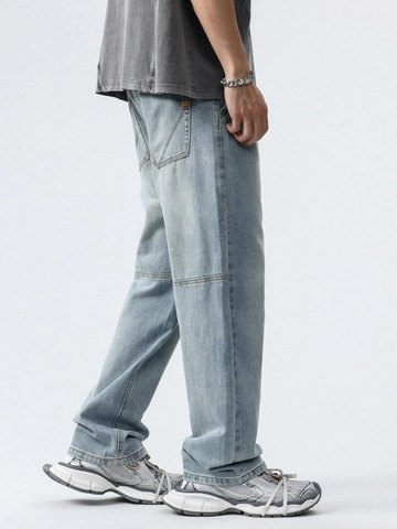 Jeans en Mélange de Coton Lyocell Bleu Clair pour Hommes Coupe Large Jambe Droite Pantalon en Denim Délavé Streetwear Été Mince