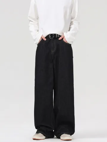 Herren High Street Retro Locker Gerade Weite Jeans Amerikanischer Stil Schwerer Denim Schwarz Baggy Hosen Lässige Gerade Hose