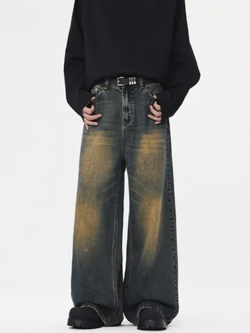 Ανδρικά Ρετρό Τζιν με Φαρδιά Γραμμή Distressed Dirty Yellow Ίσια Παντελόνια Τζιν High Street Fashion Χαλαρή Γραμμή Casual