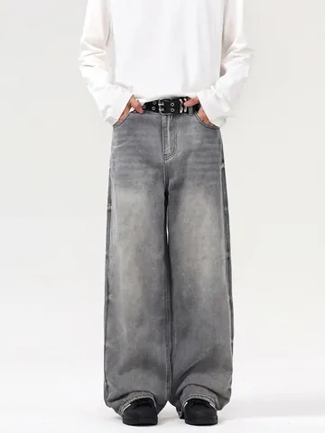 Vaqueros de Hombre Vintage Gris Humo Lavados de Pierna Ancha Desgastados Ajuste Recto Denim de Algodón Streetwear Retro Baggy