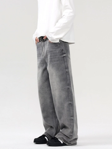 Vaqueros de Hombre Vintage Gris Humo Lavados de Pierna Ancha Desgastados Ajuste Recto Denim de Algodón Streetwear Retro Baggy