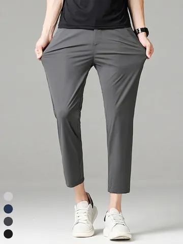 Men's Ice Silk Business Casual Trousers Summer Thin High Stretch Slim Fit Straight Leg Cropped Pants For Daily Work Office