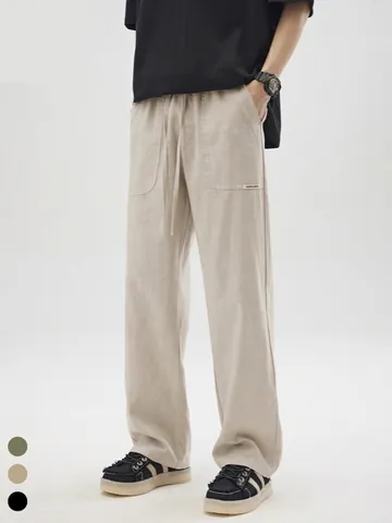 Pantaloni Casual da Uomo in Cotone e Lino Sottili Estivi Vintage con Coulisse Gamba Dritta Larga Traspiranti per Uomo