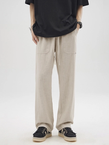 Pantaloni Casual da Uomo in Cotone e Lino Sottili Estivi Vintage con Coulisse Gamba Dritta Larga Traspiranti per Uomo