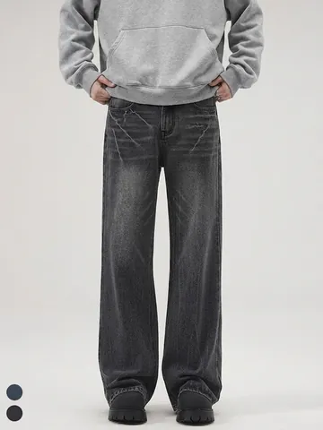 Herren American High Street Vintage Blitzmuster Weites Bein Micro Flare Jeans Baumwollmischung Gewaschene Denim Hose