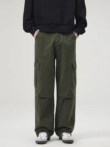 Vaqueros Cargo Retro para Hombre Corte Holgado Recto Pantalones de Algodón Lavado a la Piedra Pantalón de Mezclilla Verde Paracaidista para Jóvenes