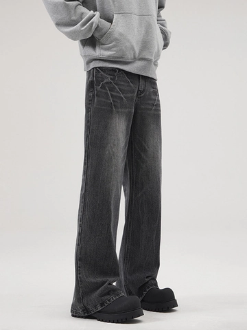 Herren American High Street Vintage Blitzmuster Weites Bein Micro Flare Jeans Baumwollmischung Gewaschene Denim Hose