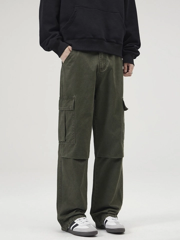 Vaqueros Cargo Retro para Hombre Corte Holgado Recto Pantalones de Algodón Lavado a la Piedra Pantalón de Mezclilla Verde Paracaidista para Jóvenes