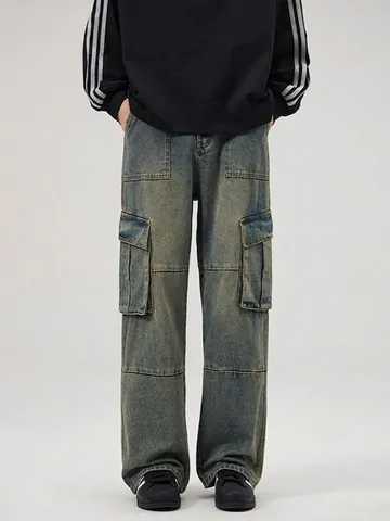 Vintage High Street Men's Cargo Jeans Multi-Pocket Distressed Straight Loose Cotton Denim Pants Casual Trousers